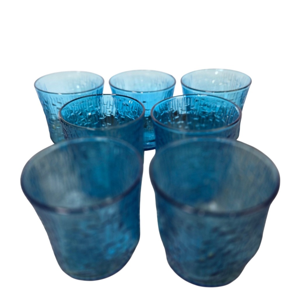Anchor Hocking Pagoda Laser Blue Rocks Glasses Set of 6 Vintage MCM Bark Texture